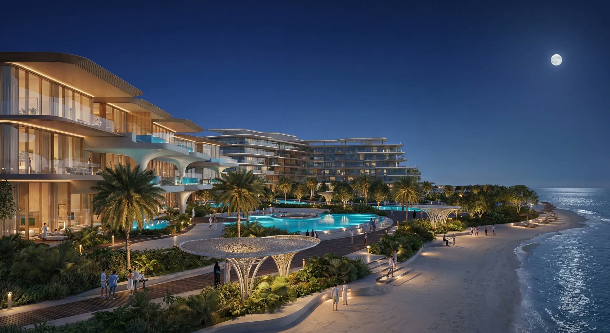 The Meriva Collection by Ellington Properties on Dubai Islands: beachfront residences, lagoon pools and a palm promenade at dusk